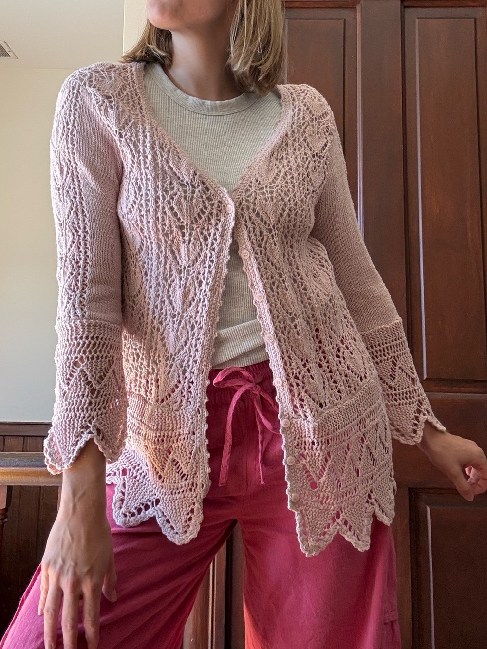 Newport News Light Pink Lace-Trim Knit Cardigan